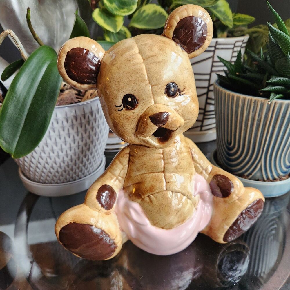 Vtg 90s Ceramic Stuffed Teddy Bear Pacifier Holder Pink Nursery Decor Kitschy